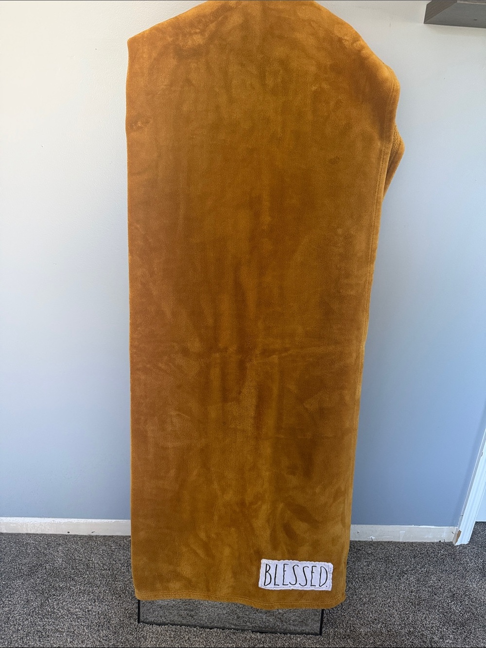 Rae Dunn Mustard Gold Throw with 'Blessed' Patch